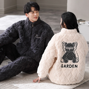秋冬情侣睡衣女三层加厚夹棉时尚拉链立领保暖棉袄可外穿家居服男