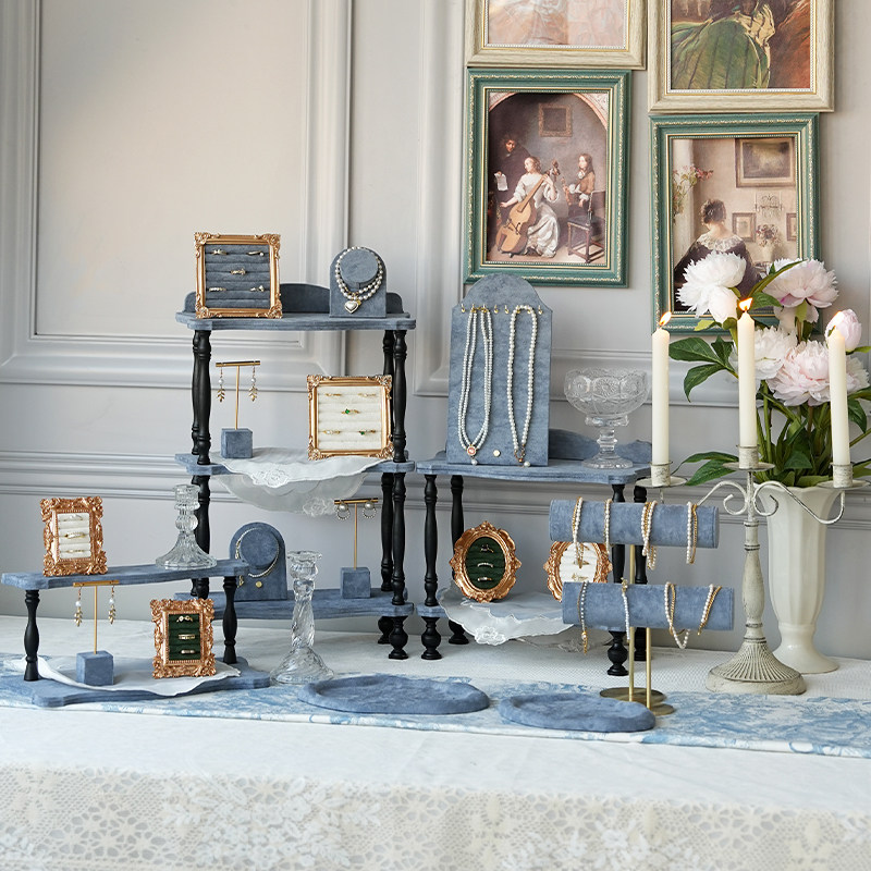 首饰展示架北欧风灰蓝三层大容量收纳架项链手链店铺陈列拍照道具