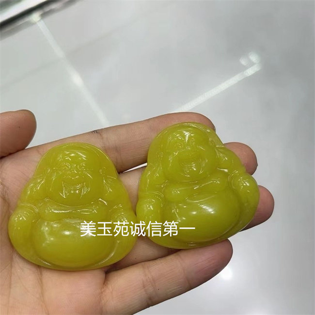 天然辽宁岫玉大号黄玉平安笑佛吊坠男女款青黄玉石平安护身颈饰