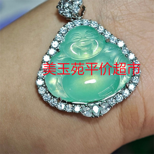 豆青色平安笑佛玉石绿玉佛公吊坠颈饰