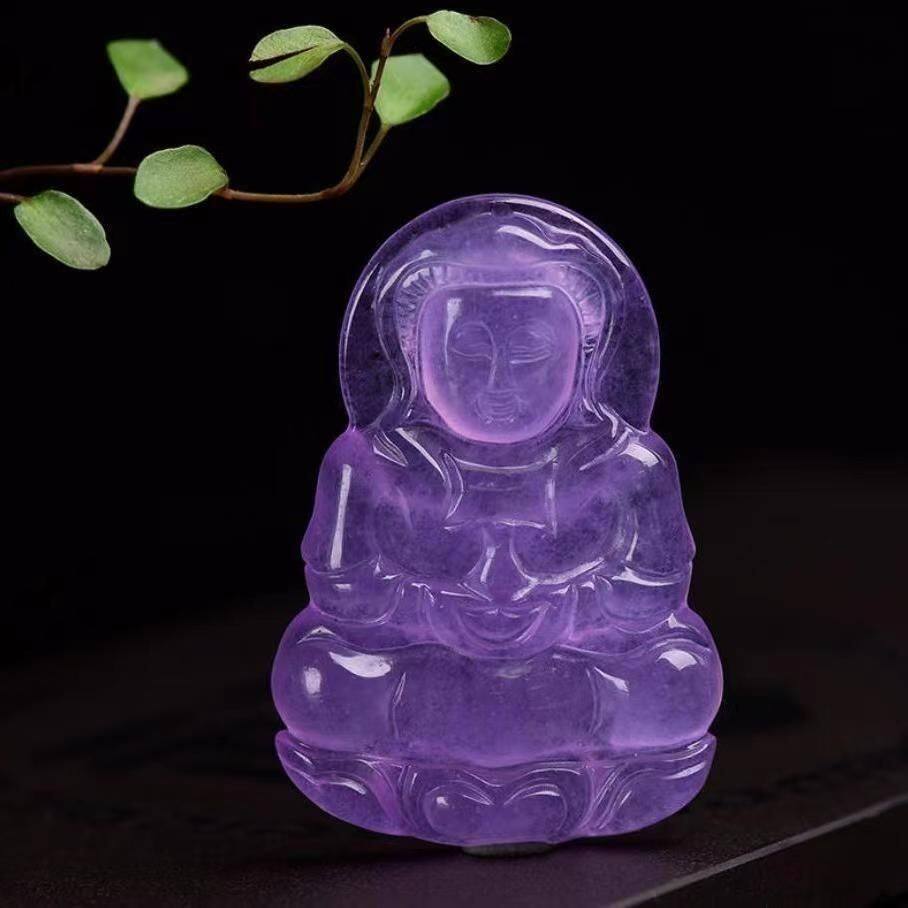 冰透紫色玉石紫罗兰色石英岩玉紫色观音菩萨吊坠手工雕刻颈饰百搭