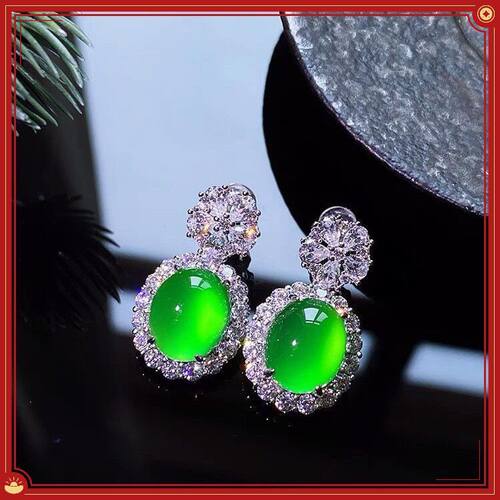 天然冰种绿玉石蛋面耳钉翡翠色冰透玉石耳坠绿耳饰送妈妈马来玉