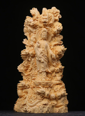 桧木精雕九龙观音佛像摆件 御龙菩萨家居寺庙佛堂装饰红木工艺品