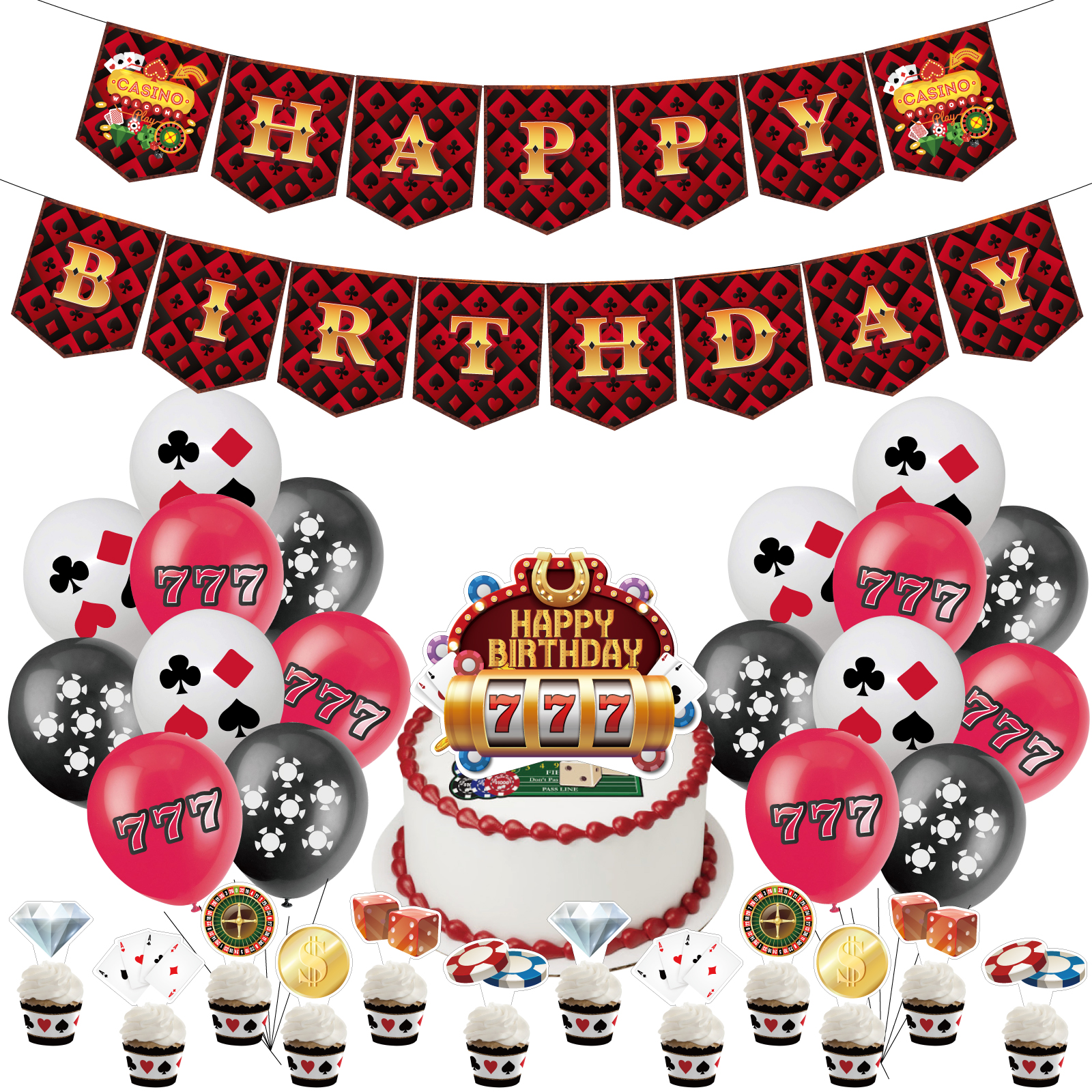 版权赌场休闲主题成人生日派对装饰套装定制拉旗蛋糕大小插牌气球
