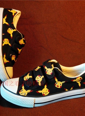 新款手绘帆布鞋春夏女黑色魔术贴皮卡丘卡通学生休闲鞋亲子款童鞋