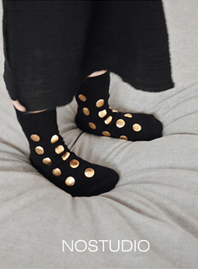 女童中筒袜黑色波点金色烫金点棉袜