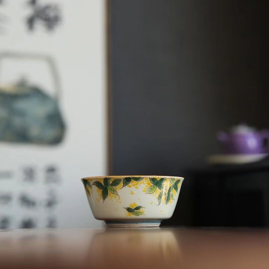 爆款桂花普洱杯纯手工手绘凌霄花盖碗主人杯大号压手杯