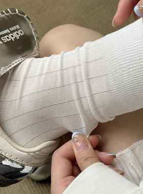 白色堆堆袜子女春夏季款透气纯棉无骨韩版中筒袜配小皮鞋长袜夏天