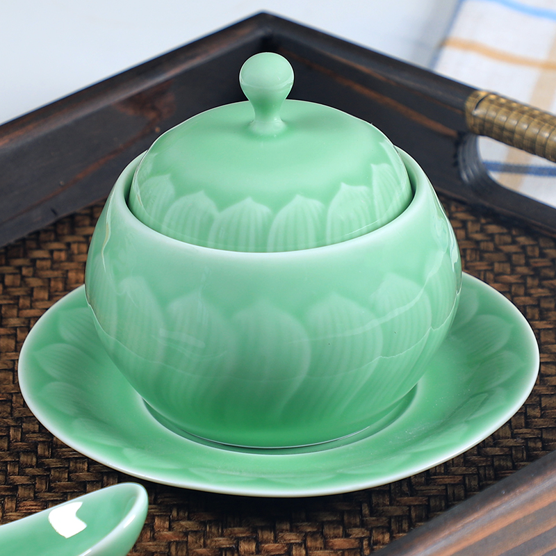 龙泉青瓷莲花炖盅炖燕窝陶瓷炖盅隔水蒸蛋带盖小汤盅酒店餐具摆台