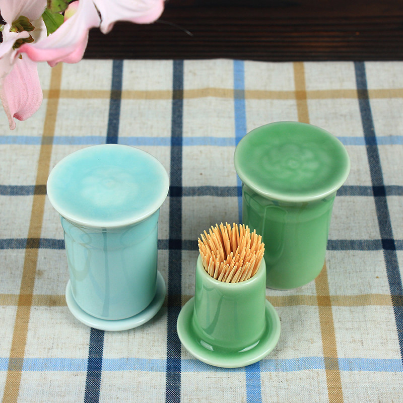 陶瓷餐具配件家居小摆件龙泉青瓷牡丹牙签筒酒店餐桌摆台牙签盒子