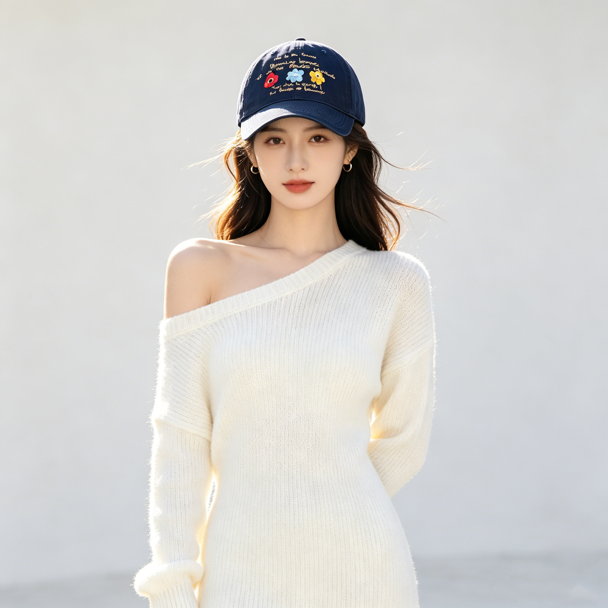 夏款刺绣小花棒球帽女款宽檐软顶显脸小适合方圆脸百搭遮阳鸭舌帽