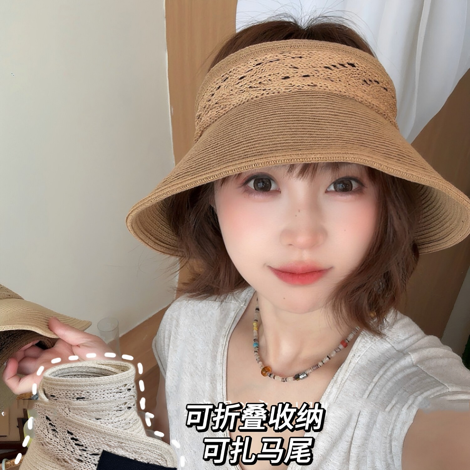 春夏新款钩花空顶女士大帽檐遮阳可折叠防晒帽魔术贴太阳帽子镂空