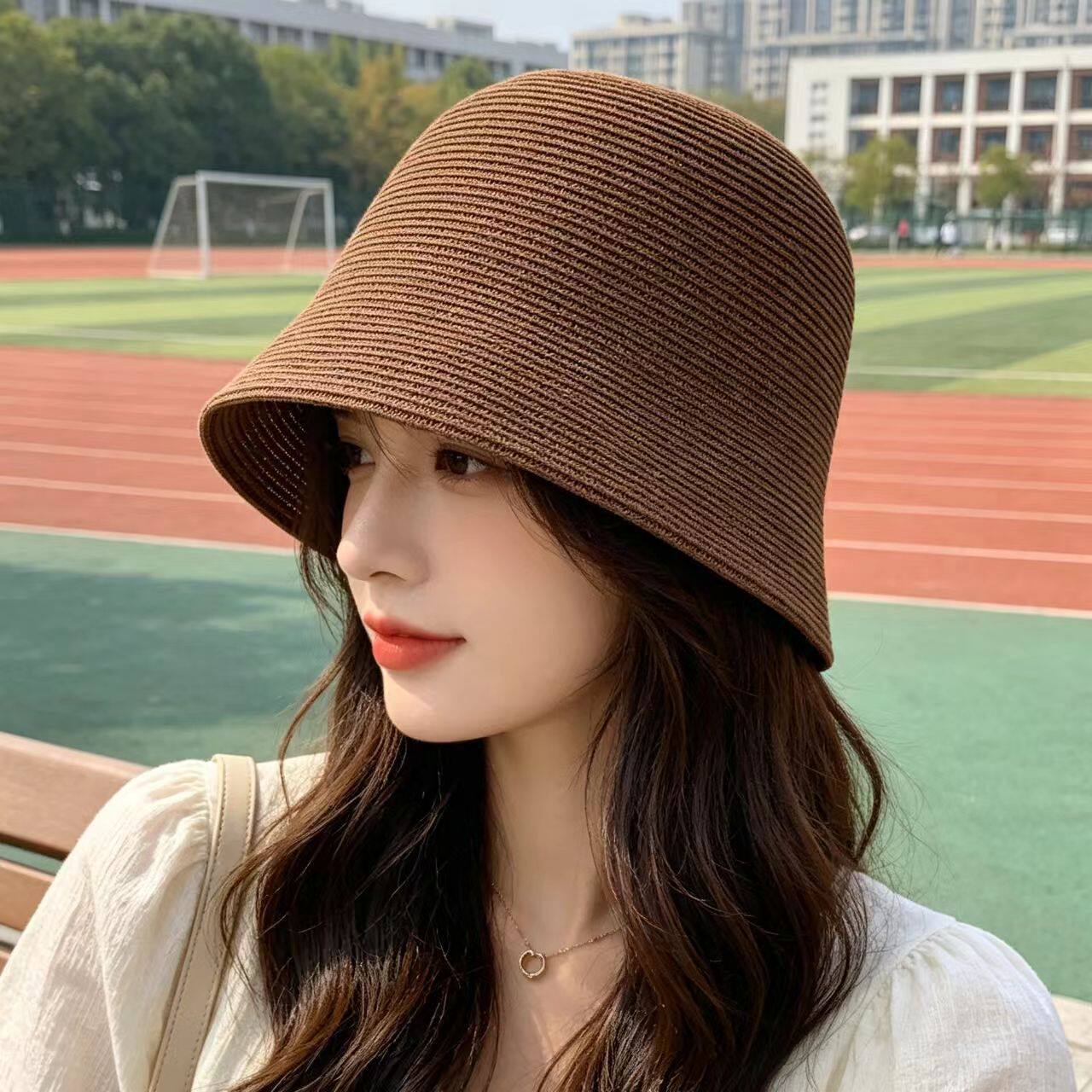 日系细草编水桶帽女夏天防晒素颜渔夫帽度假草帽可折叠时尚遮阳帽