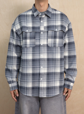大泉哥东大门 25翻领长袖衬衫混色格纹双贴口袋休闲格子衬衣68096