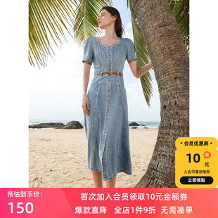 三彩2024春季 法式 牛仔連衣裙方領(lǐng)泡泡袖 收腰A字裙長裙復(fù)古女M 新款