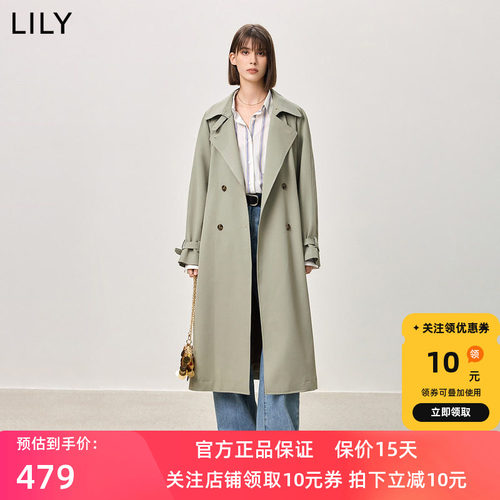 【商场同款】LILY2025春新款女装经典双排扣腰带通勤风衣外套长款