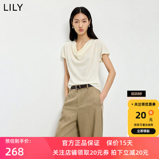 LILY2026夏新款女装莱赛尔亚麻老钱风荡领休闲通勤短袖针织衫上衣