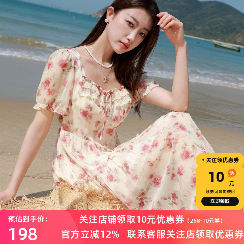 三彩大码女装2025夏季新款法式方领雪纺印花连衣裙短袖浪漫胖MM