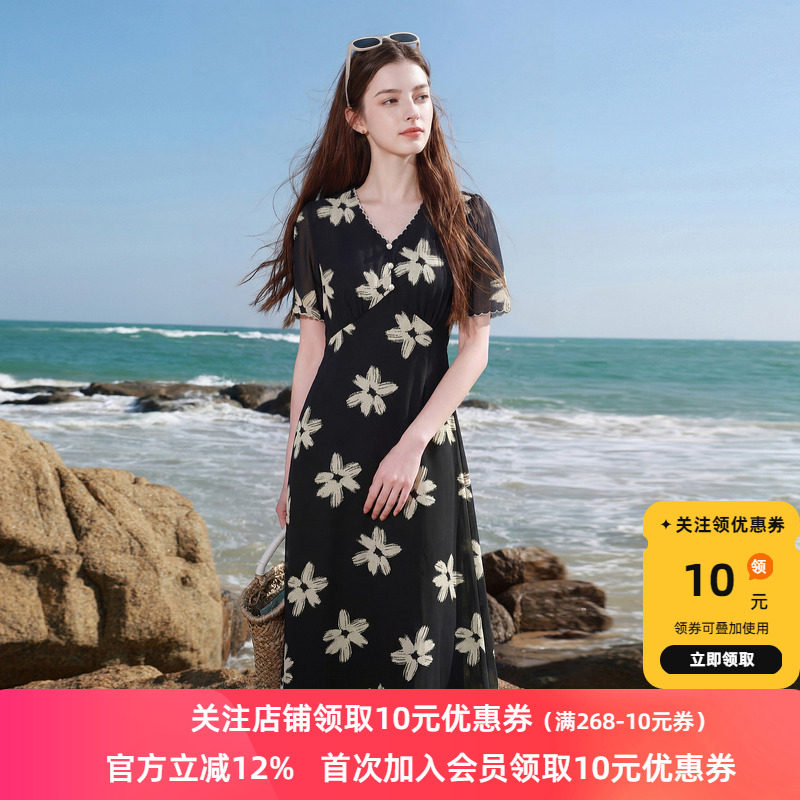 若潮大码女装2026夏季新款V领连衣裙收腰印花长裙显瘦微胖MM