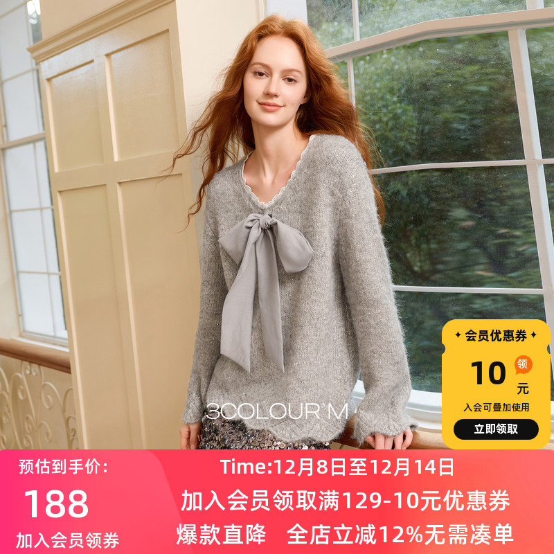 三彩2025冬复古甜美蝴蝶结针织衫