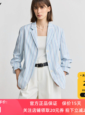 LILY2025春新款女装条纹宽松休闲慵懒轻薄百搭通勤蓝色西装外套