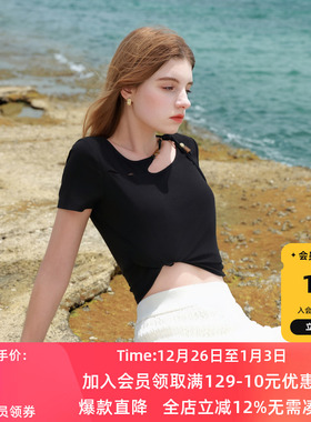 ibudu2025夏季新款新中式T恤正肩短袖盘带串珠上衣女