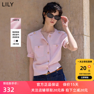 LILY2025夏新款女装气质小香风粉色短款小上衣轻薄短袖针织开衫