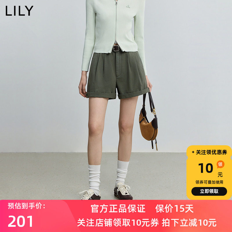 【商场同款】LILY2025秋新款复古压褶百搭通勤墨绿色休闲裤短裤女