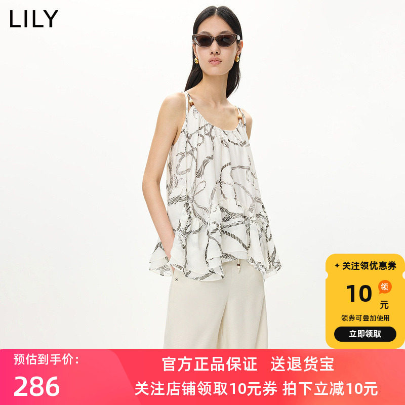 LILY2026夏新款醋酸混纺法式印花U领宽松薄款A字套头吊带雪纺衫女