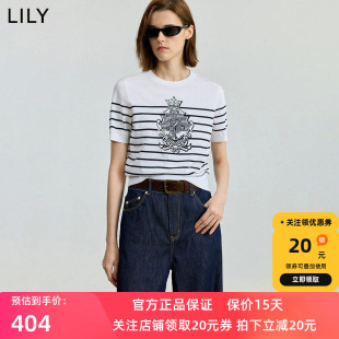 【商场同款】LILY2025秋新款老钱风提花条纹通勤圆领短袖针织衫女