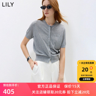 LILY2026秋新款含亚麻格雷系休闲通勤百搭圆领短袖针织开衫女短款
