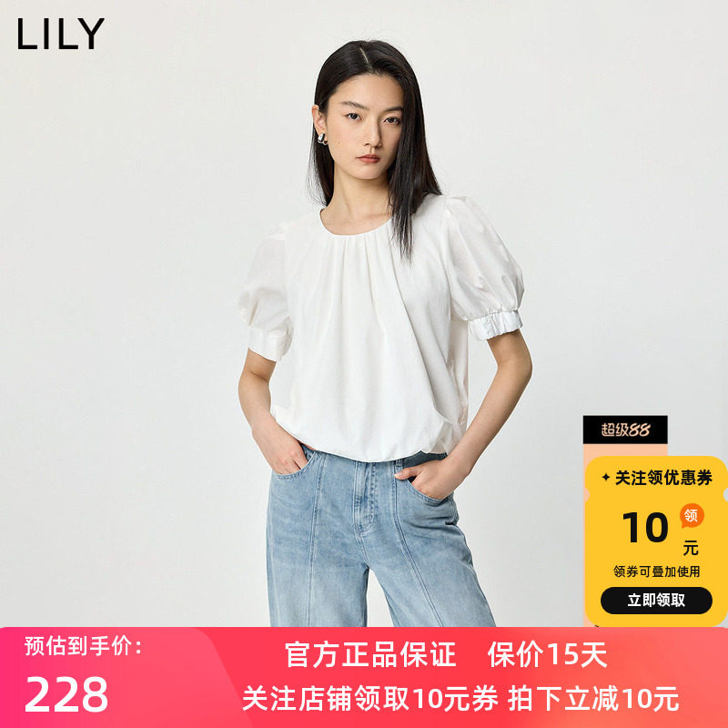 LILY2026夏新款法式圆领泡泡袖小衫休闲气质通勤白色套头雪纺衫女
