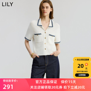 【商场同款】LILY2025秋新款女装撞色小香风通勤短袖针织开衫上衣