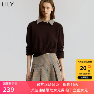 【商场同款】LILY2025秋新款含兔毛羊毛翻领收腰针织衫毛衣女短款
