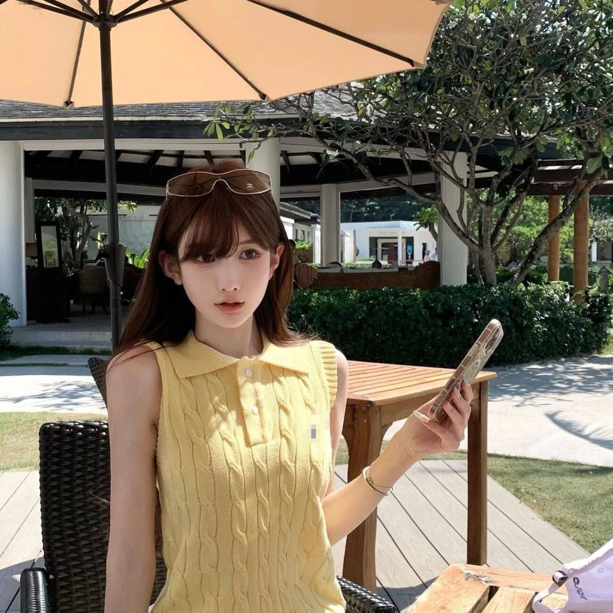 纯棉夏季薄款polo领刺绣麻花针织马甲背心女春夏无袖T恤打底上衣