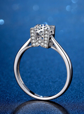 WH钻戒莫桑石戒指925纯银镶嵌镀18K白金结婚情侣对戒个性指环刻字