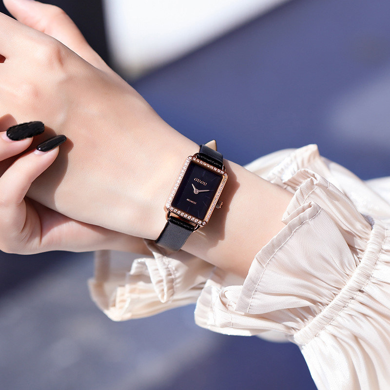 古欧大气质简约水钻真皮钢带腕复古小长方形盘欧美防水女生士手表