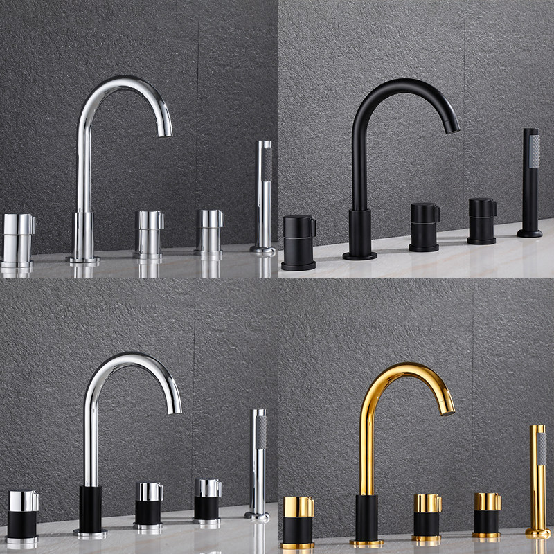 全铜坐式边式北欧浴缸水龙头冷热分体式五件套鹅颈式五孔三联花洒