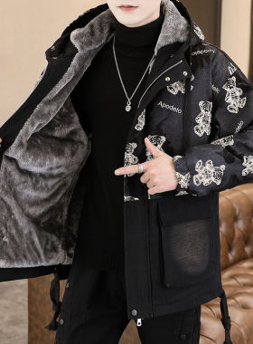 加绒加厚牛仔外套男大童冬季加绒保暖连帽夹克青少年学生派克棉服
