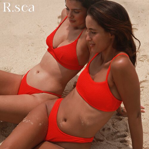 Rsea红色泳衣女高级感平领分体泳衣欧美多色高弹海边度假海滩泳装