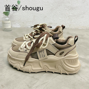 首谷网红真皮厚底增高老爹鞋女超火显脚小轻便加绒保暖休闲运动鞋