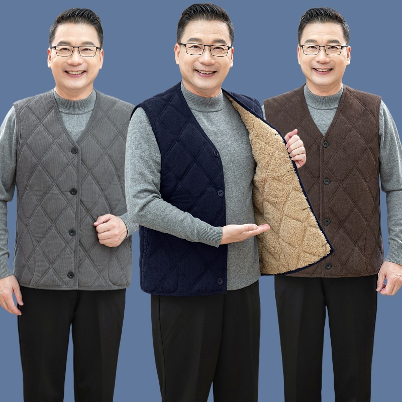 单排扣V领爸爸保暖马甲加绒冬季