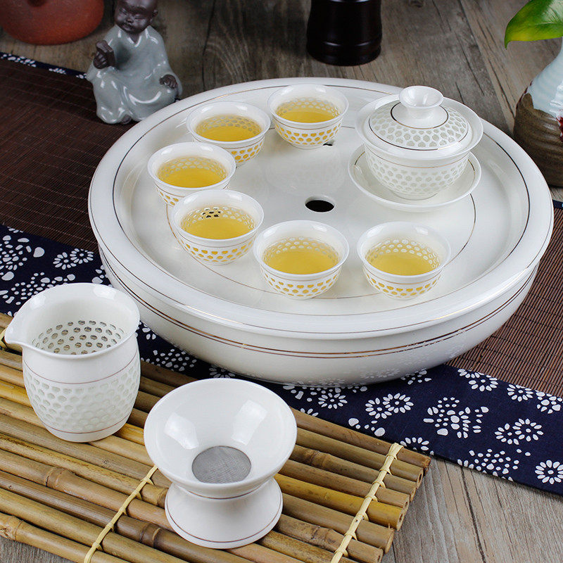 潮汕功夫茶具茶船纯白陶瓷双层