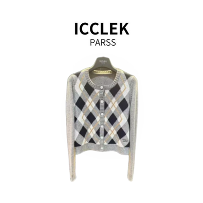 ICCLEK PARSS 2025新款早秋夏轻奢菱格撞色气质名媛针织开衫-5953