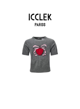 美式甜心风蝴蝶结苹果印花圆领短袖针织衫女套头羊毛上衣-9527