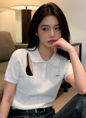 学院风polo领短袖针织衫女白色翻领百搭气质上衣-9548