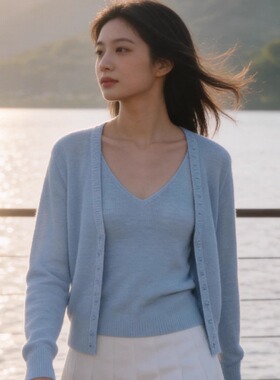 蓝色V领针织开衫背心两件套女装时尚百搭轻奢极简套装-9512