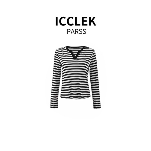 ICCLEK PARSS 2025新款早秋夏时尚V领条纹针织衫上衣女-5786