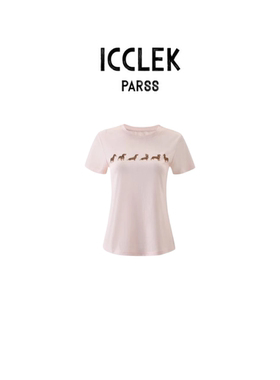 美式复古腊肠狗印花短袖T恤女圆领修身显瘦百搭上衣-9524