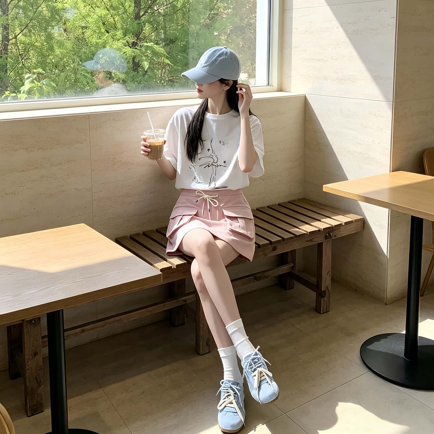 粉色工装半身裙女抽绳多口袋A字显瘦短裙针织女装-9776